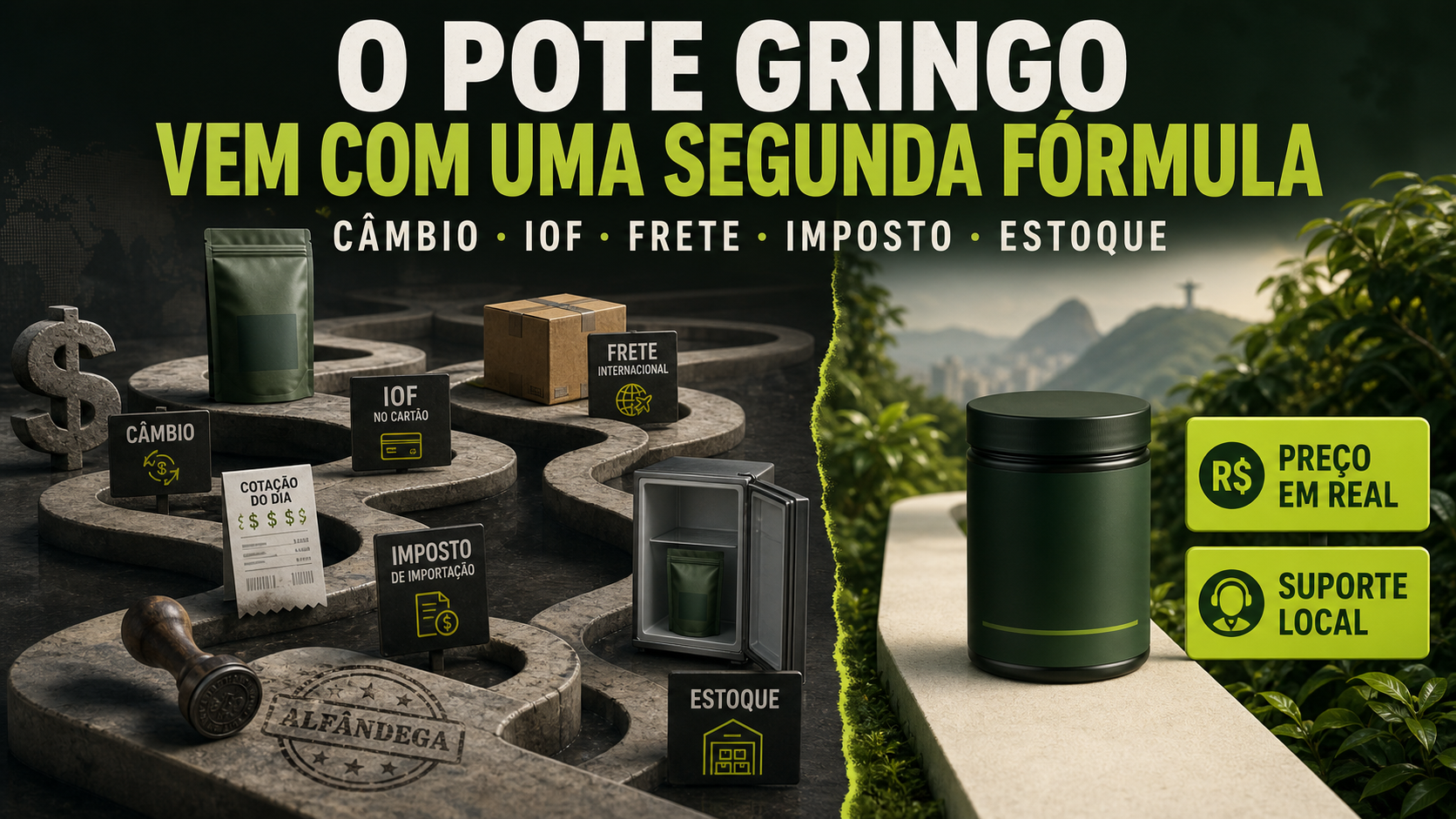 Infográfico mostra o caminho complexo de um greens importado e a rota direta da Nuture com preço em real e suporte local