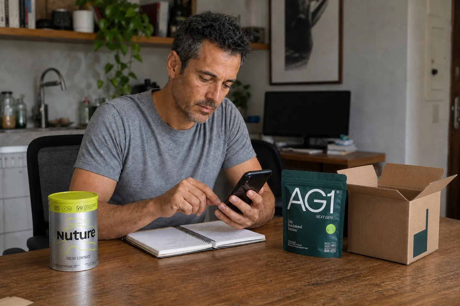 Homem de aproximadamente 40 anos calcula o custo de um pedido de AG1 ao lado do Daily Boost