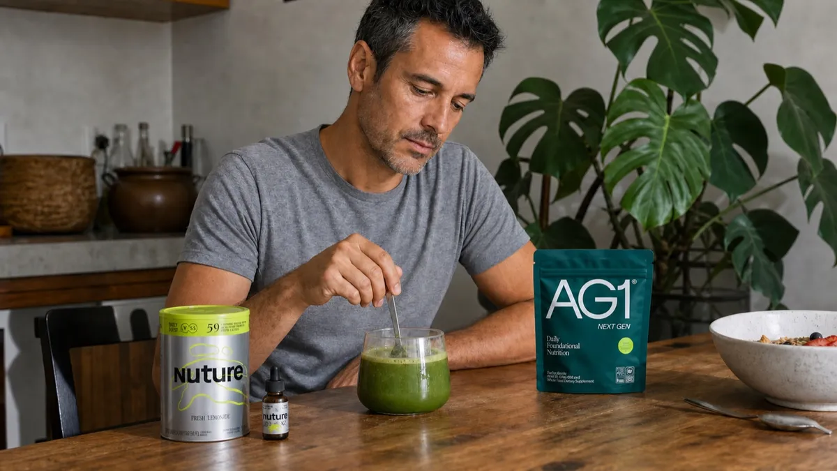 Homem de aproximadamente 40 anos prepara bebida verde com Daily Boost, D3+K2 Nuture e AG1 Next Gen