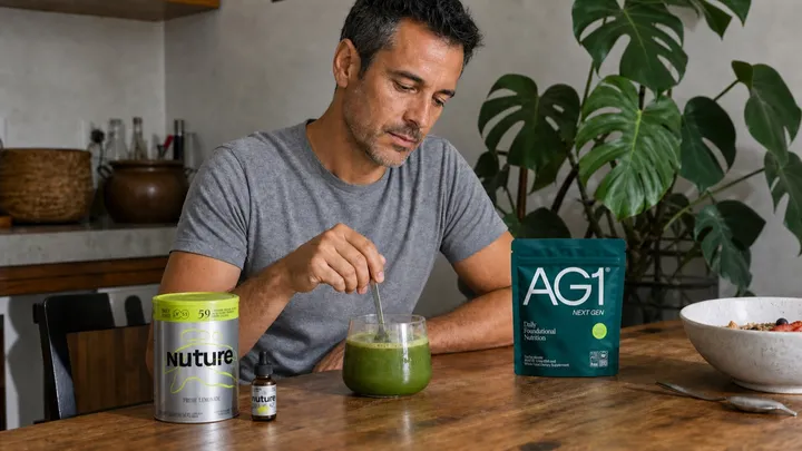 Homem de aproximadamente 40 anos prepara bebida verde com Daily Boost, D3+K2 Nuture e AG1 Next Gen