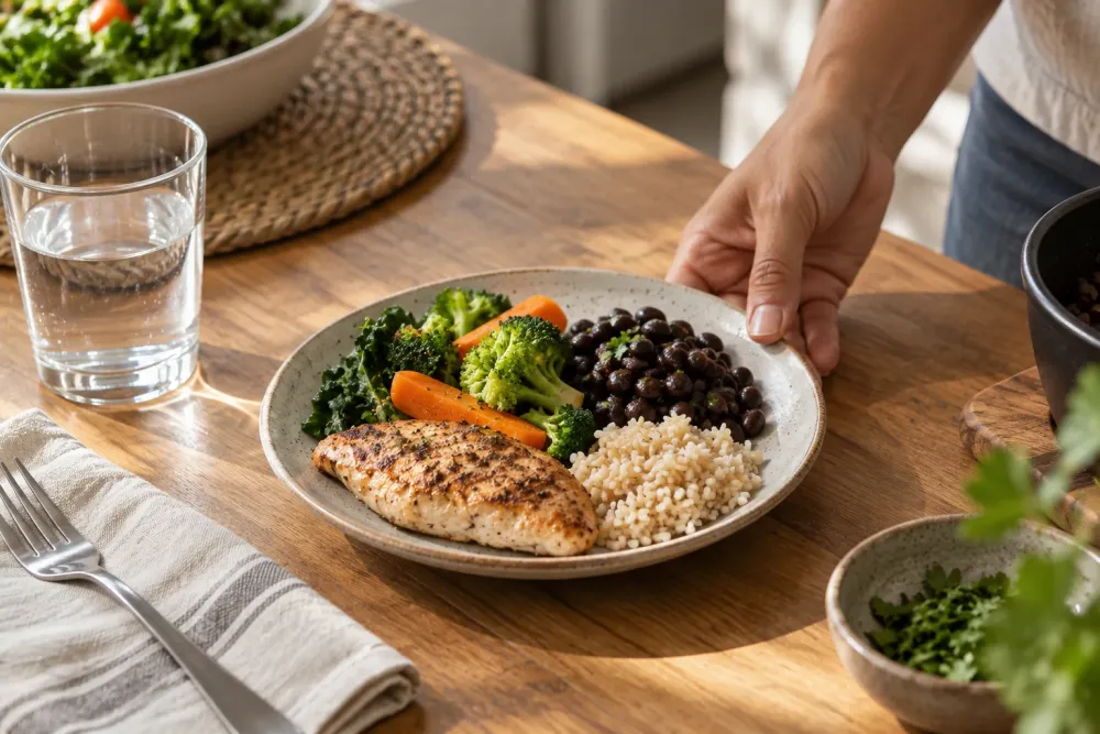 Pessoa organiza refeição pequena com frango, arroz, feijão, legumes e água