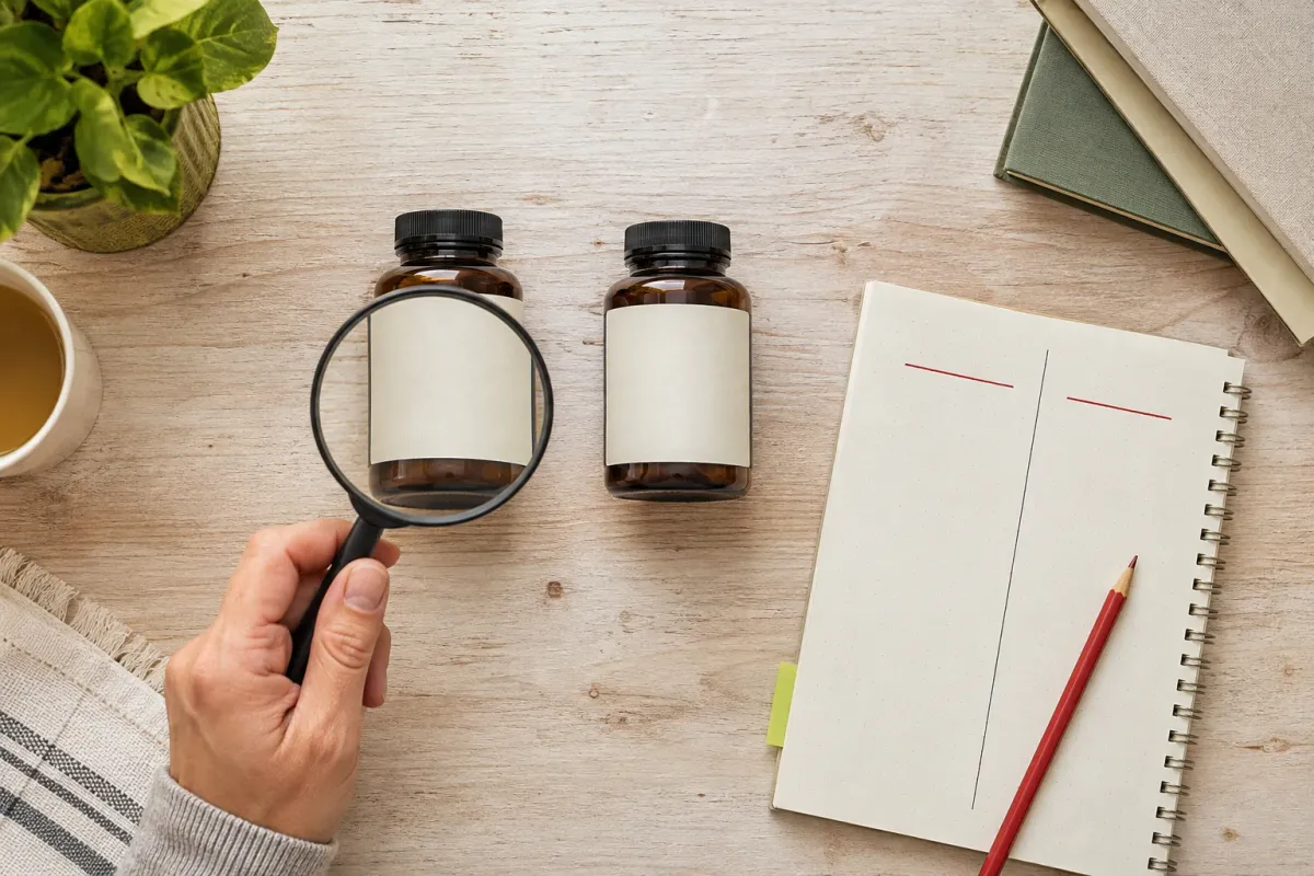 Pessoa usa uma lupa para comparar dois frascos âmbar sem marca ao lado de um caderno dividido em duas colunas