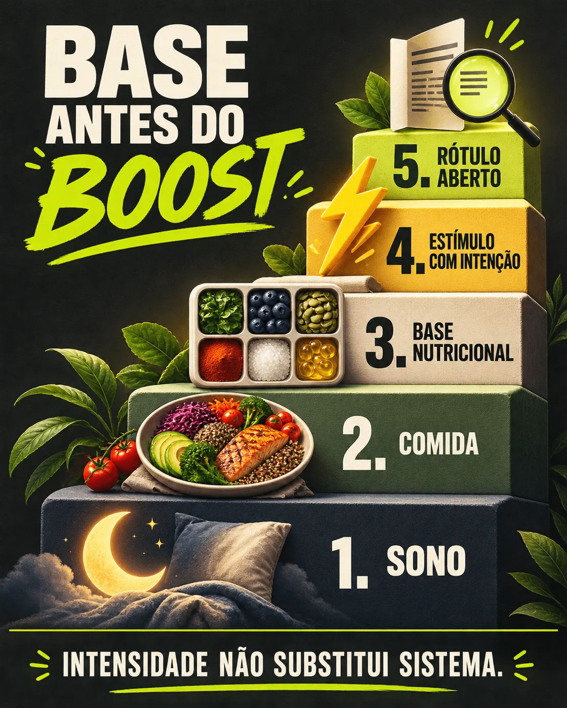Pôster com cinco degraus: sono, comida, base nutricional, estímulo com intenção e rótulo aberto