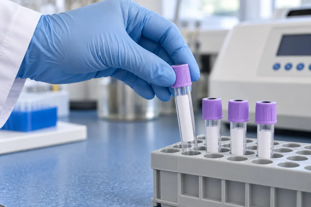 Mão com luva azul organiza tubos de coleta vazios em um suporte de laboratório