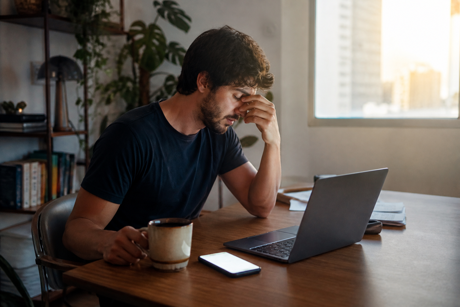 Adulto cansado trabalha pela manhã diante do notebook, com café e celular aceso