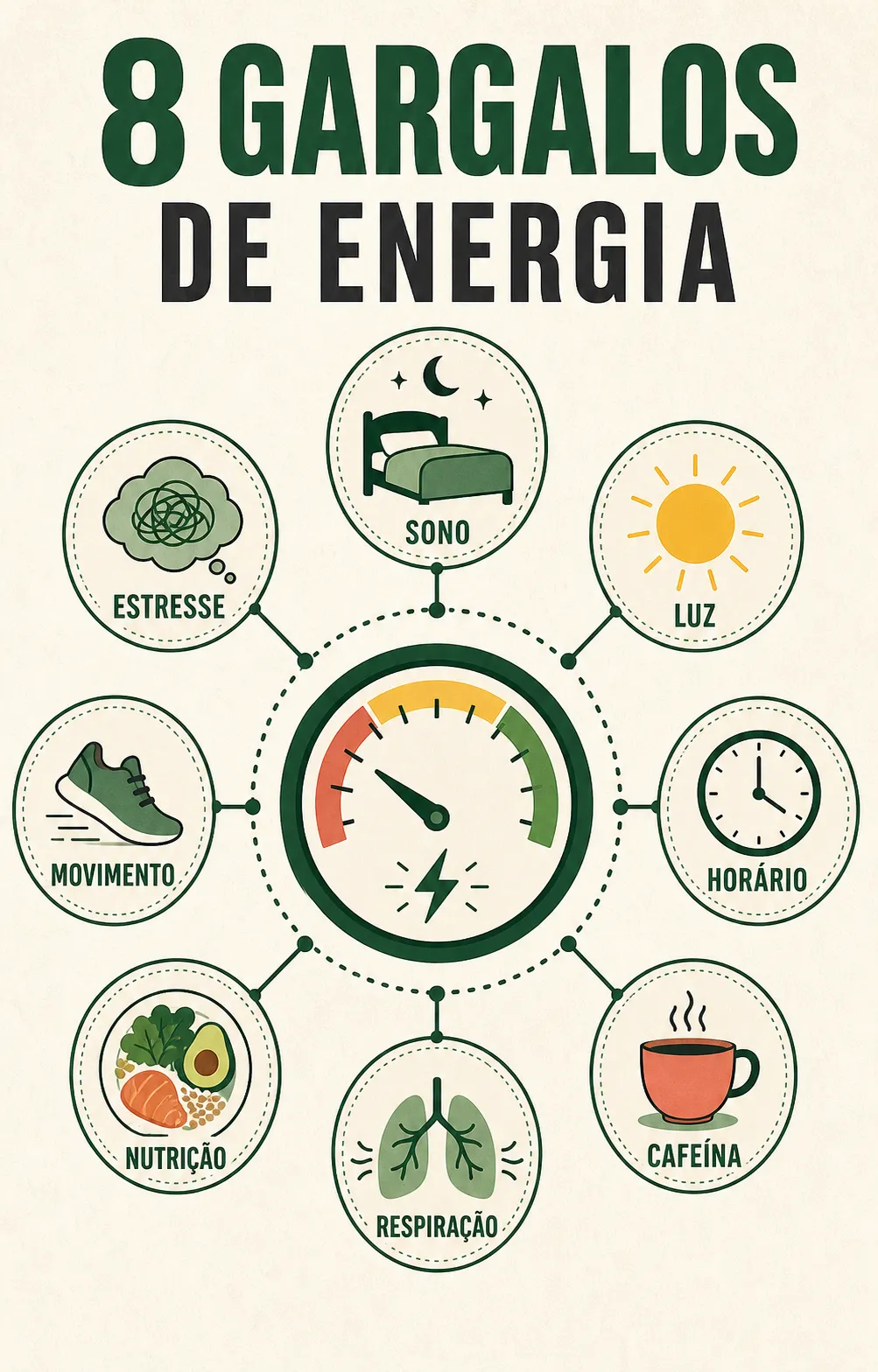 Infográfico com oito gargalos de energia: sono, luz, horário, cafeína, respiração, nutrição, movimento e estresse