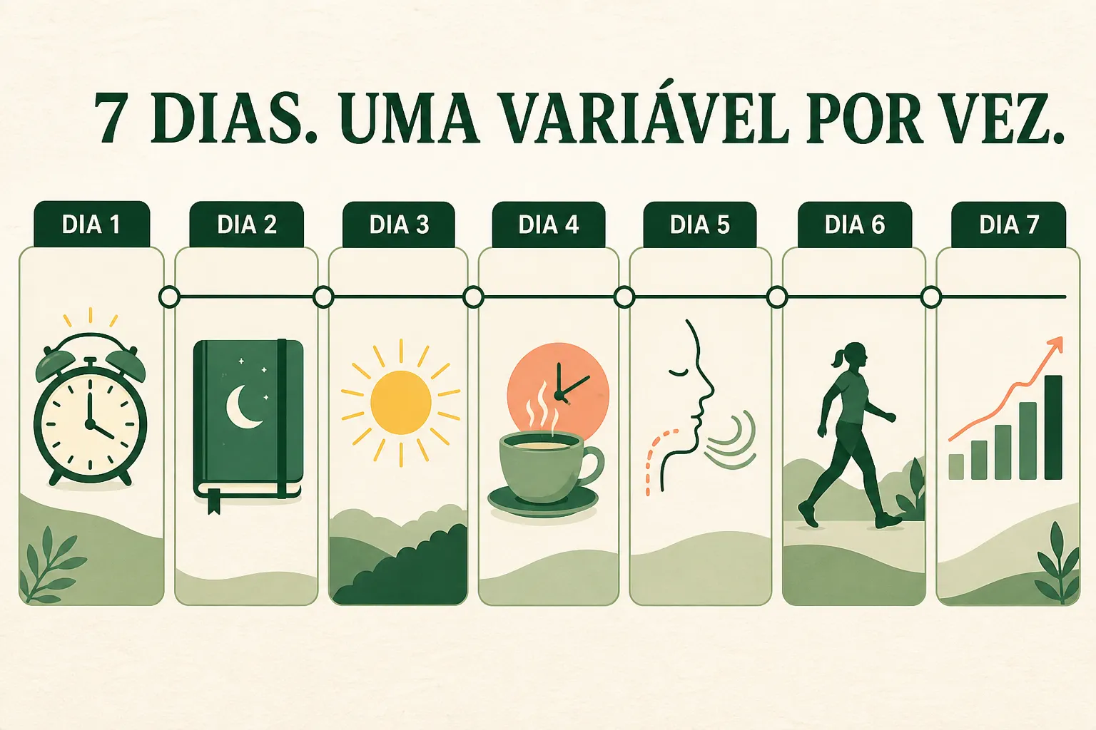 Infográfico de um protocolo de sete dias, mudando uma variável por vez
