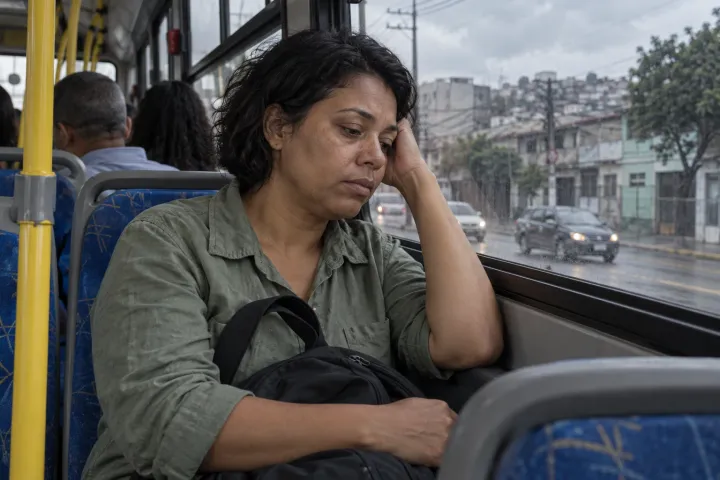 Passageira sentada junto à janela de um ônibus, com a mão apoiada na cabeça e mochila no colo