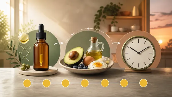 Infográfico mostra vitamina em gotas, refeição, relógio e sete dias de constância