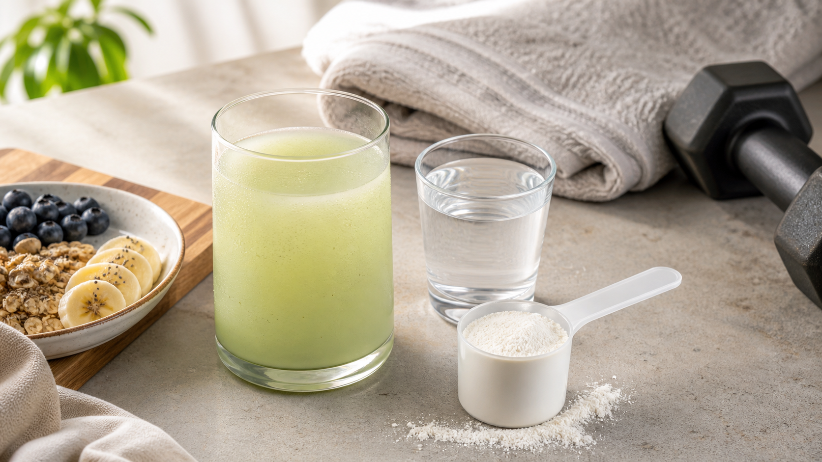 Bebida verde, água, medida de creatina, toalha e halter representam o uso combinado de creatina e multivitamínico