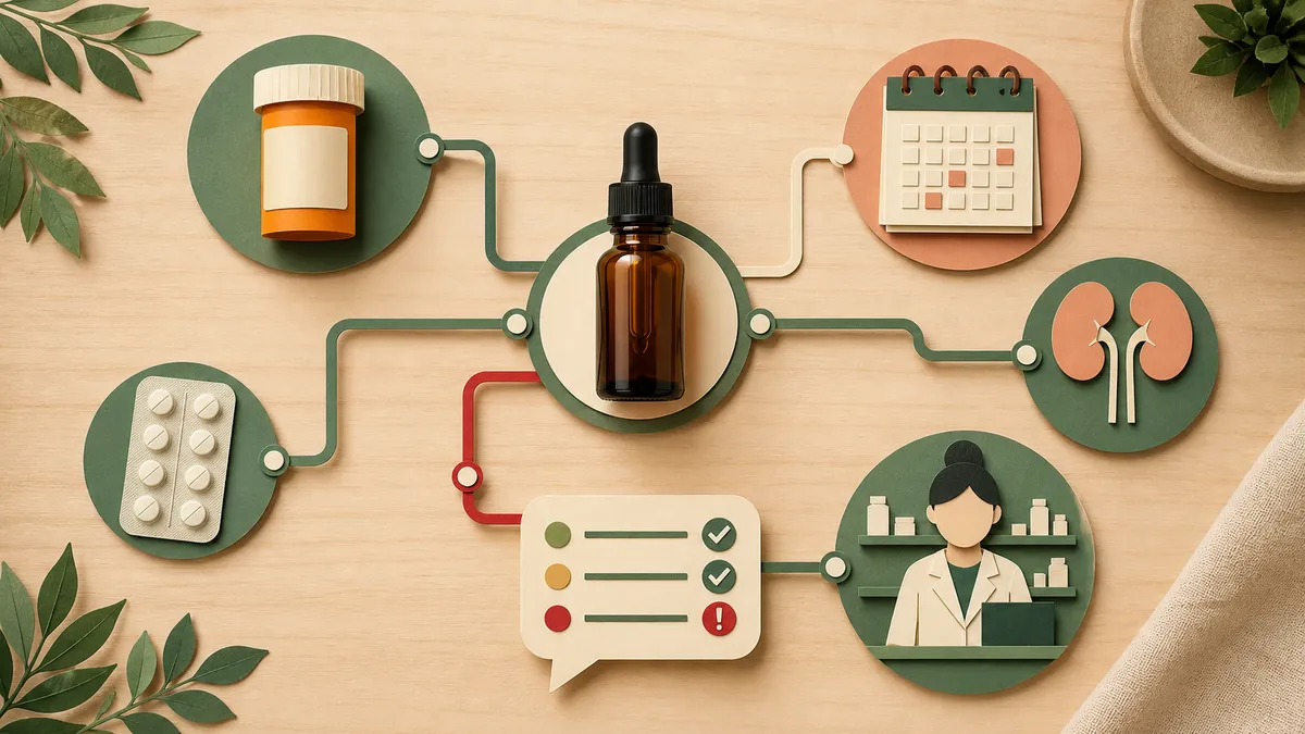 Mapa de interações conecta suplemento em gotas a medicamentos, gestação, rins e farmacêutica