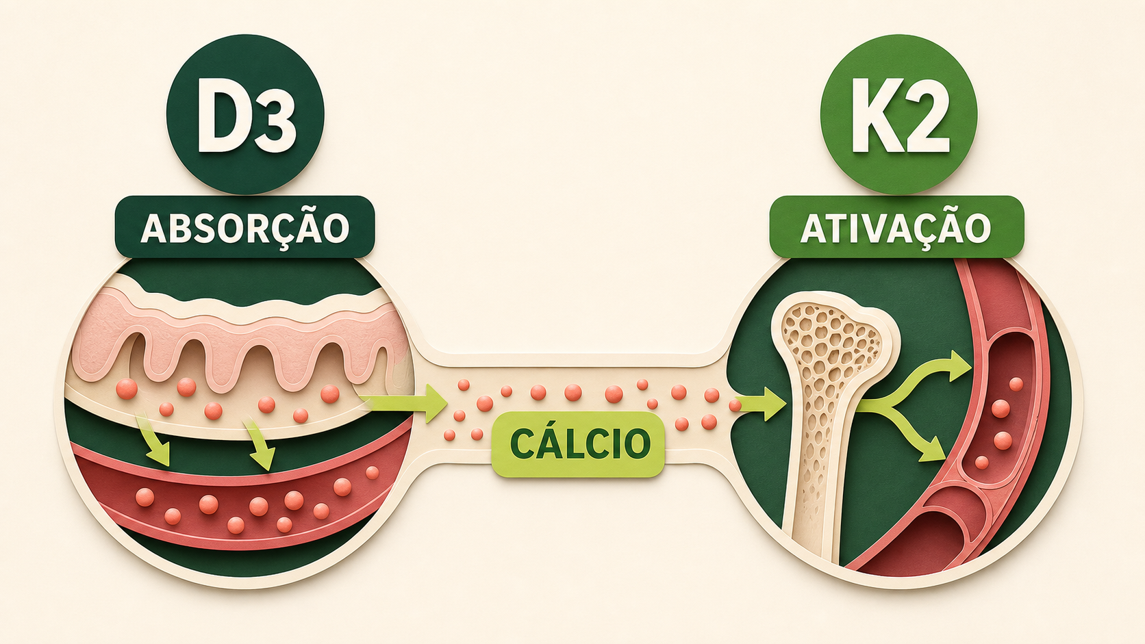 Mapa visual da rota do cálcio, da absorção apoiada pela vitamina D3 à ativação de proteínas dependentes de vitamina K