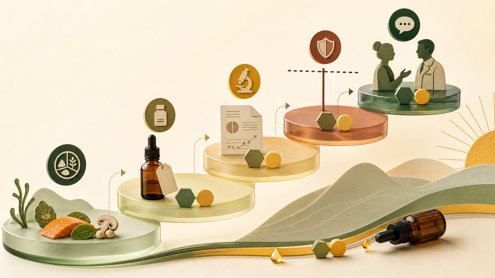 Infográfico em forma de escada mostra camadas de alimentação, rótulo, estudo, segurança e decisão clínica