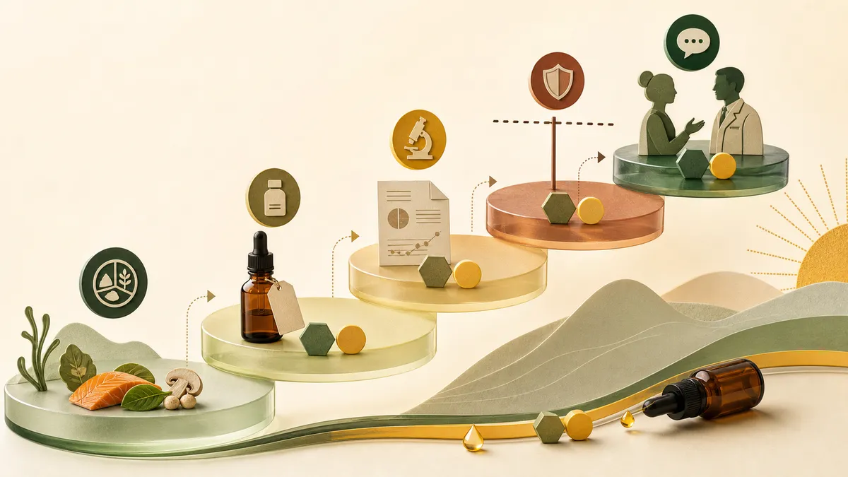 Infográfico em forma de escada mostra camadas de alimentação, rótulo, estudo, segurança e decisão clínica
