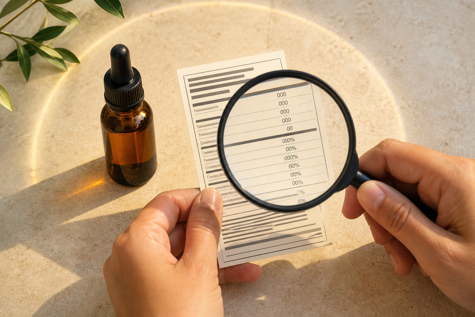 Mãos analisando um rótulo de vitamina D3 com uma lupa