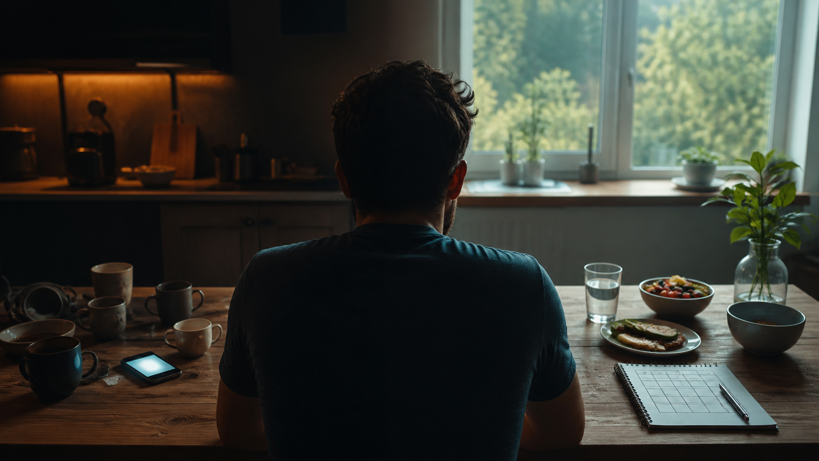 Cena explicativa contrasta várias xícaras e celular aceso com luz da manhã, água e café da manhã