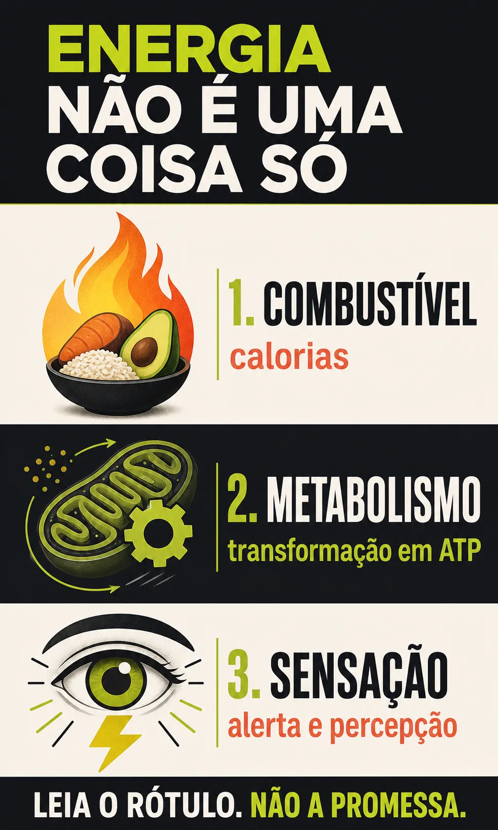 Infográfico separando energia em combustível calórico, metabolismo celular e sensação de alerta