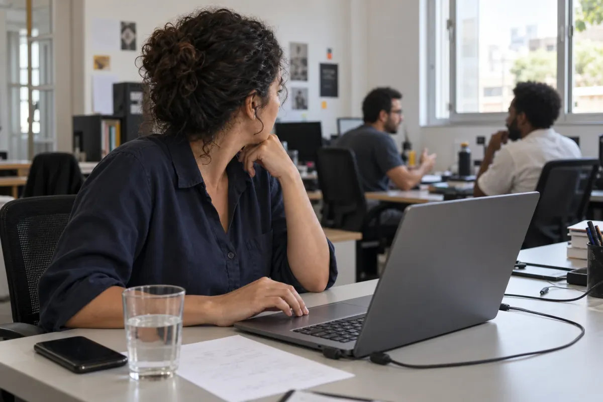 Pessoa diante de um notebook olha para colegas conversando em um escritório compartilhado
