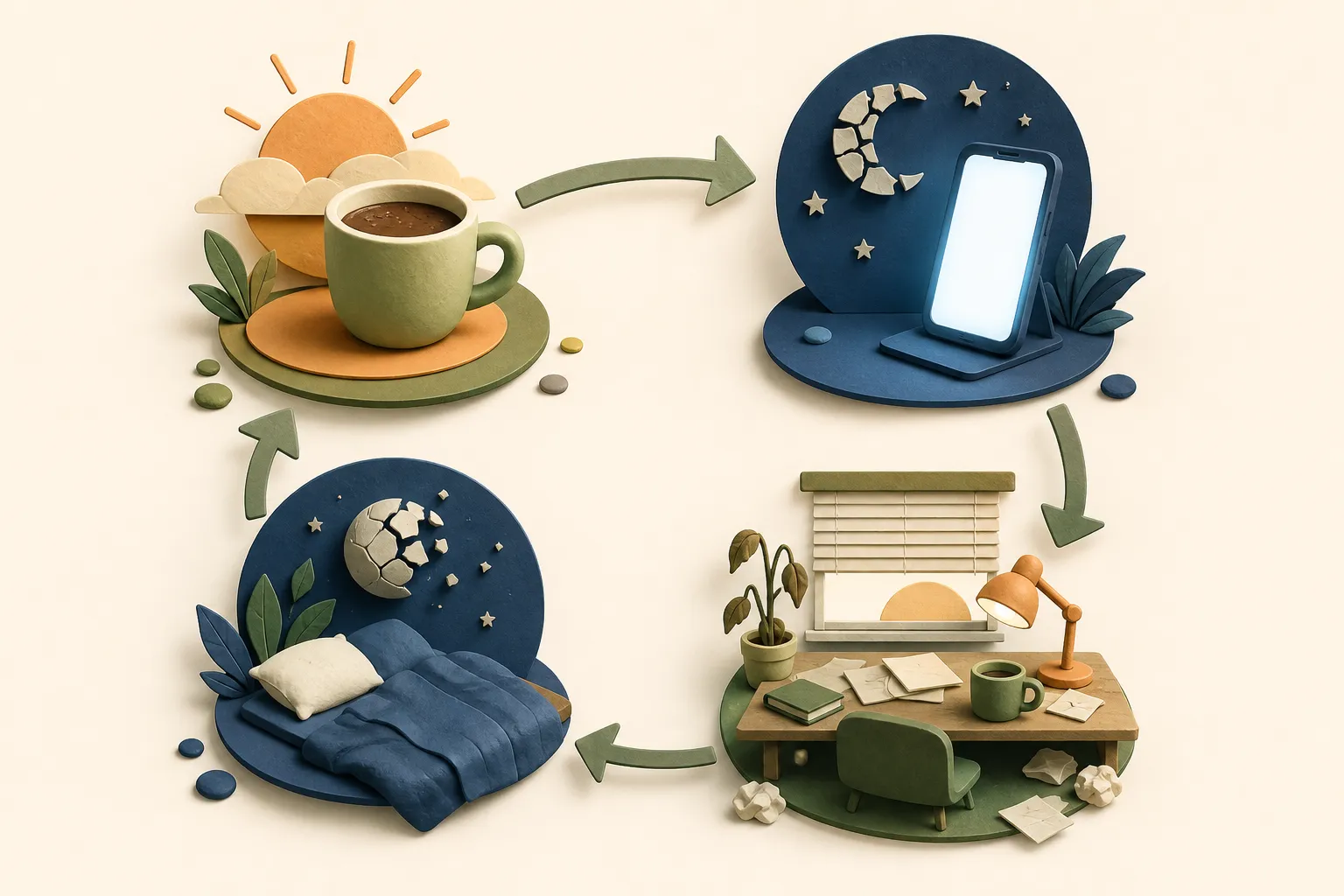Infográfico mostra o ciclo entre café tarde, tela à noite, sono fragmentado e cansaço no dia seguinte