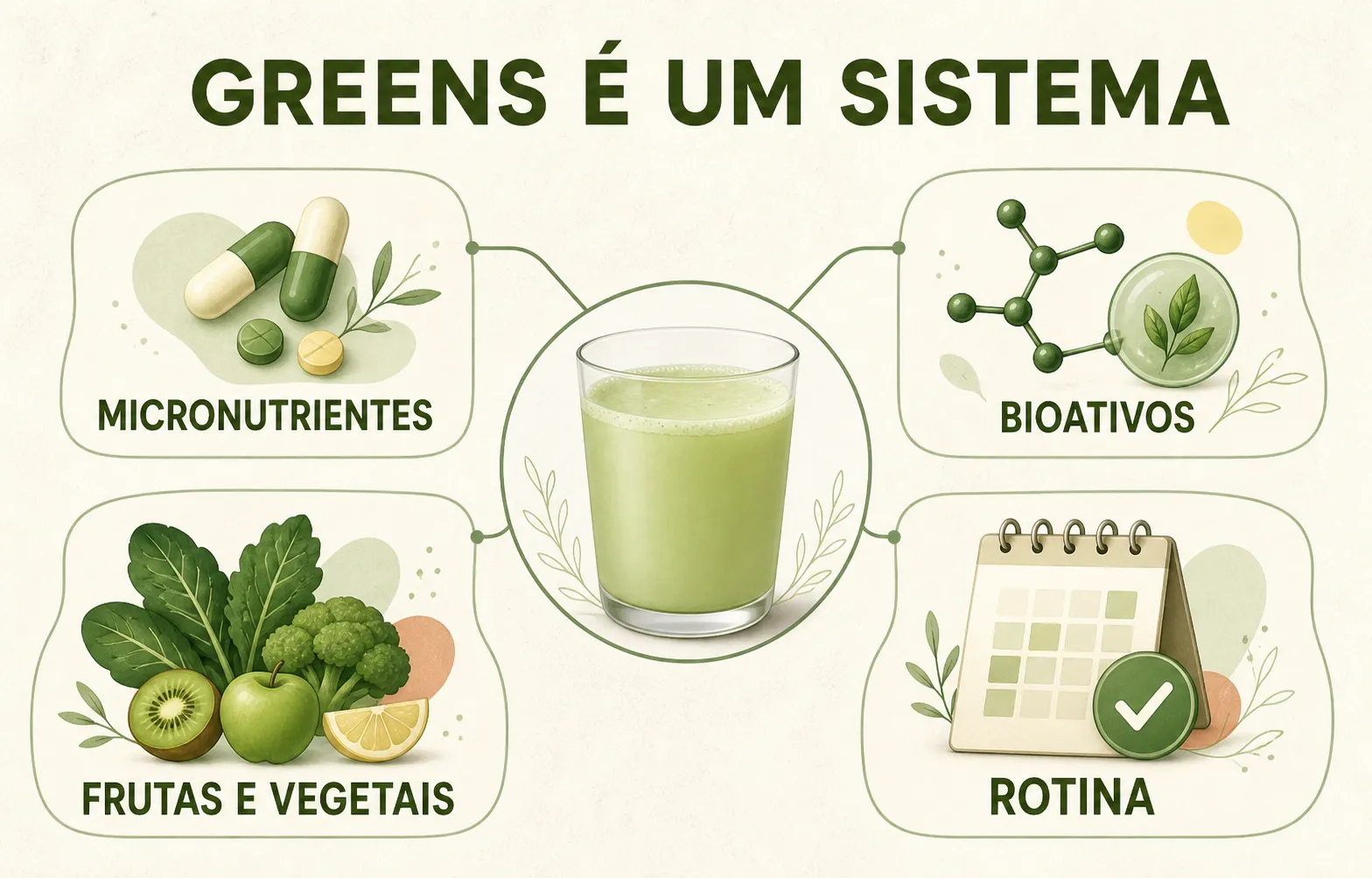 Infográfico organiza micronutrientes, bioativos, vegetais e rotina dentro de um sistema greens
