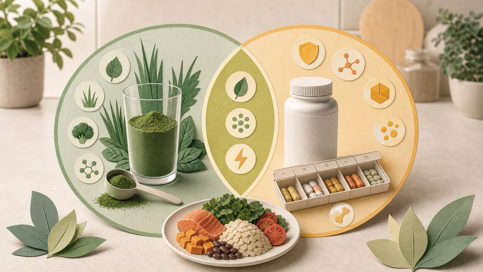 Infográfico de círculos sobrepostos compara greens, multivitamínico e alimentação