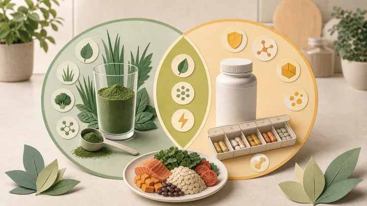 Infográfico de círculos sobrepostos compara greens, multivitamínico e alimentação