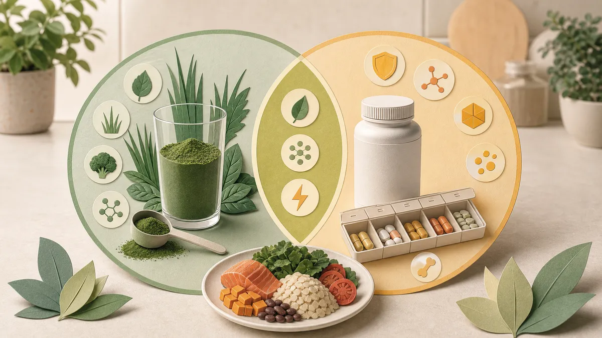 Infográfico de círculos sobrepostos compara greens, multivitamínico e alimentação