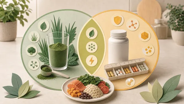 Infográfico de círculos sobrepostos compara greens, multivitamínico e alimentação