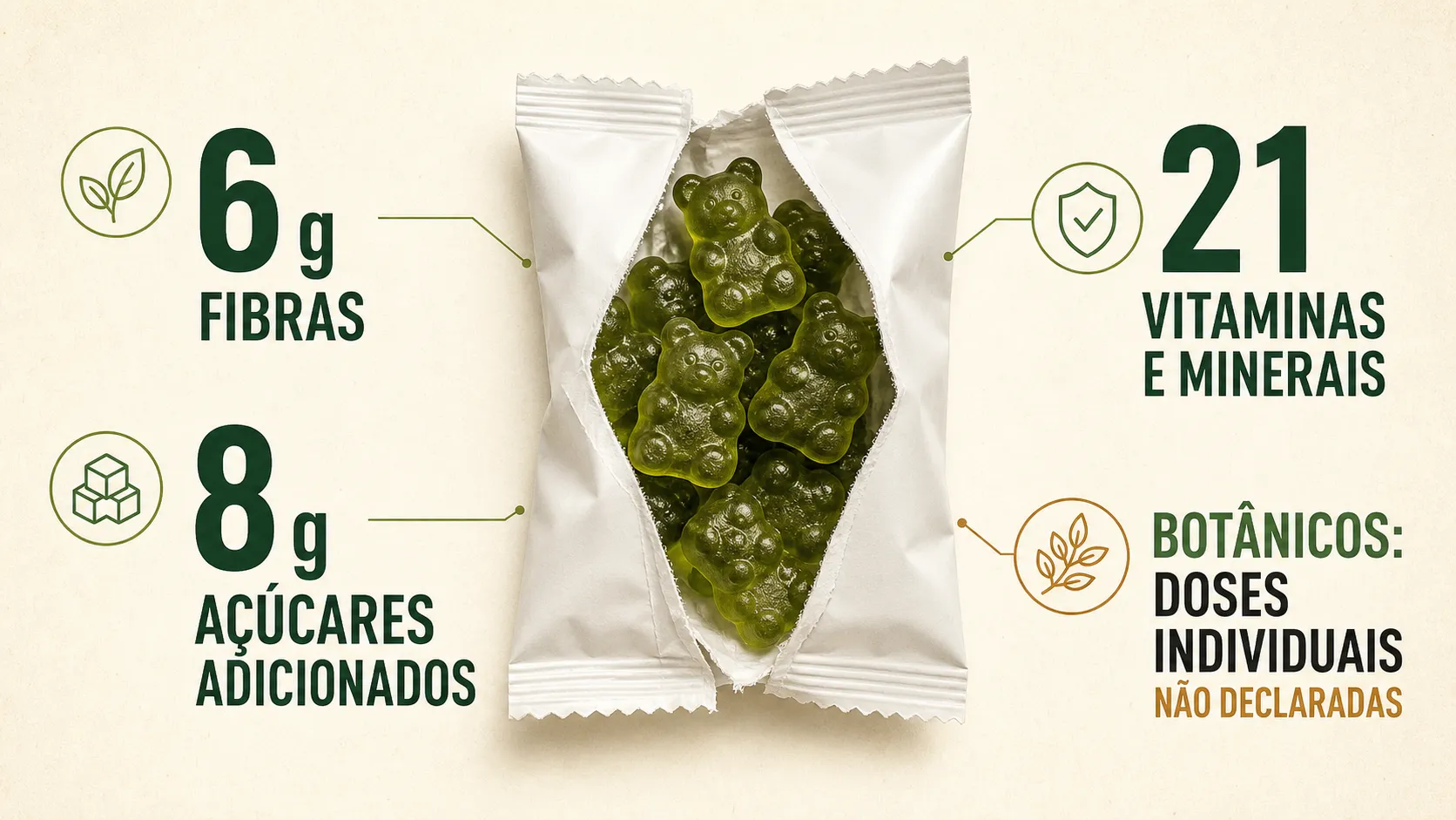 Raio-X da versão low sugar das gummies: 6 g de fibras, 8 g de açúcares adicionados, 21 vitaminas e minerais e doses botânicas individuais não declaradas