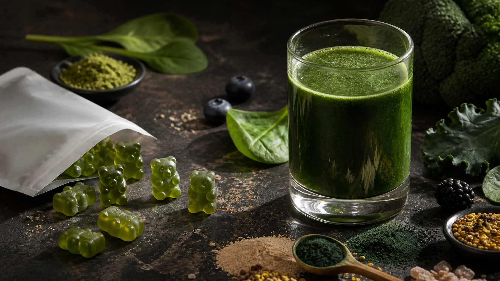 Gummies verdes em formato de ursinho são comparadas a um copo de bebida nutricional verde cercado por ingredientes