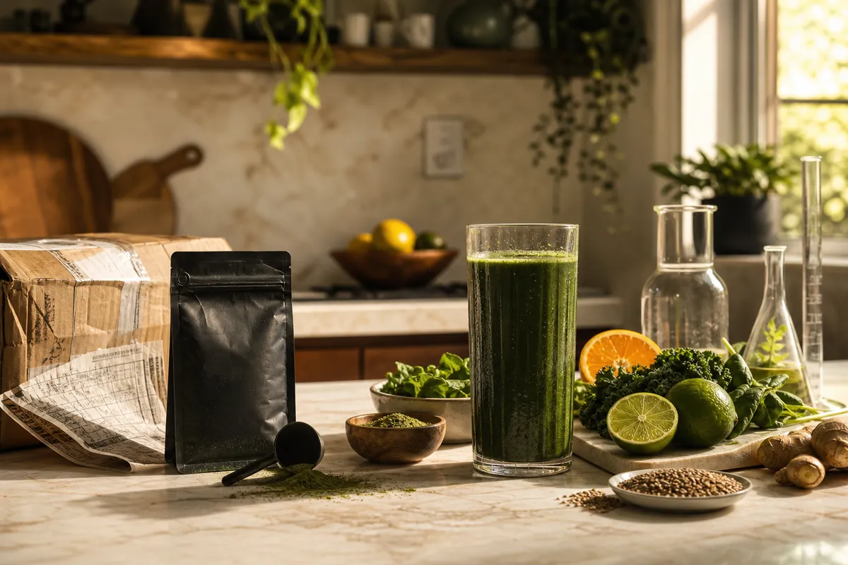 Um pacote importado de greens ao lado de um copo verde pronto em uma cozinha brasileira com ingredientes e vidrarias