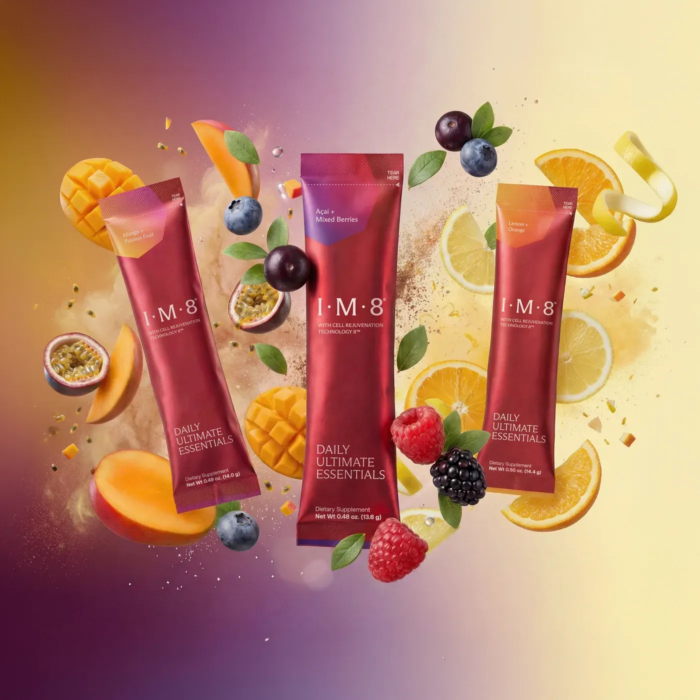 Três sachês do IM8 Daily Ultimate Essentials nos sabores manga com maracujá, açaí com frutas vermelhas e limão com laranja