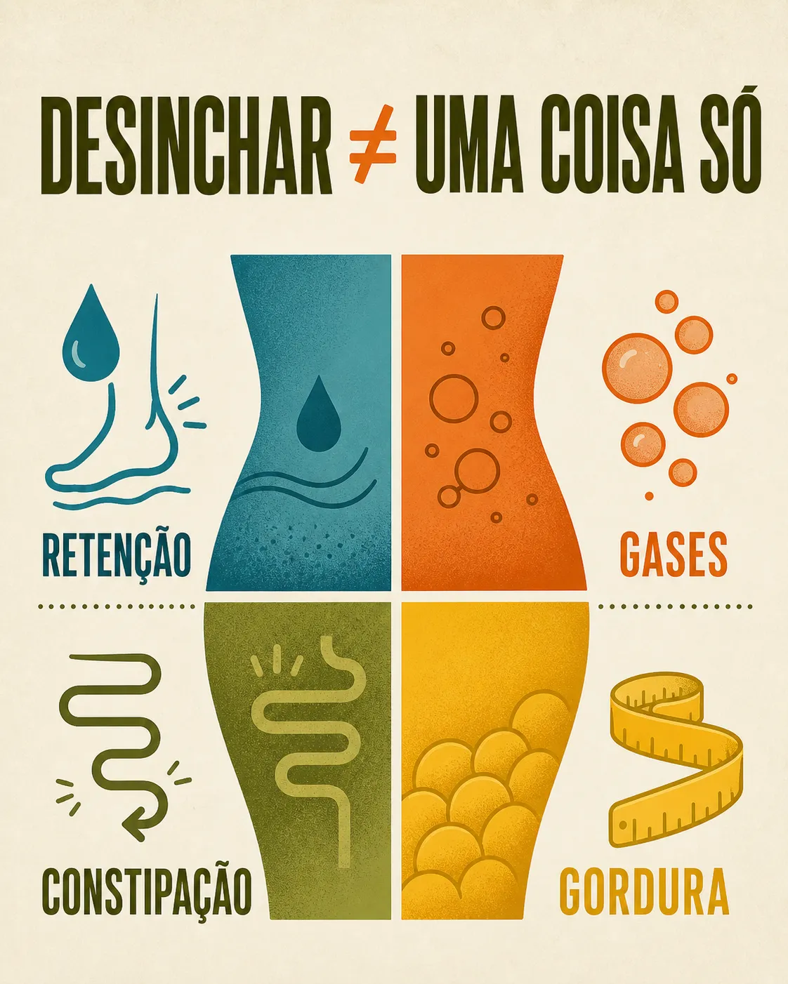 Infográfico mostra quatro significados diferentes para desinchar: retenção, gases, constipação e gordura