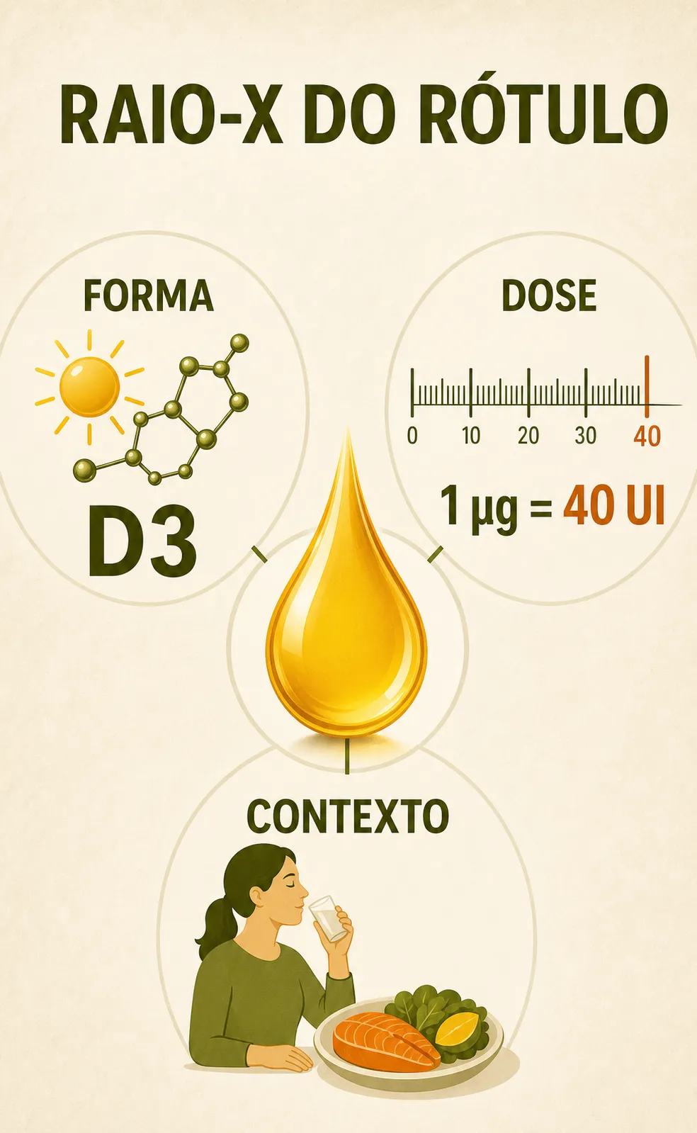 Infográfico com as três camadas para ler um rótulo de vitamina D3: forma, dose e contexto