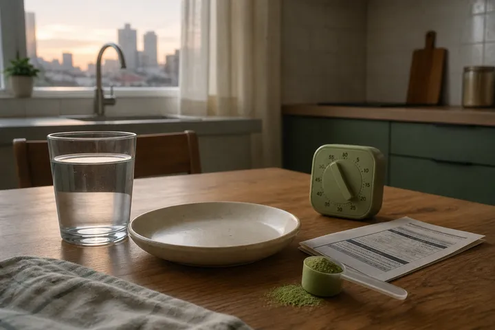 Mesa ao amanhecer com água, prato vazio, timer e uma porção de pó ainda intocada