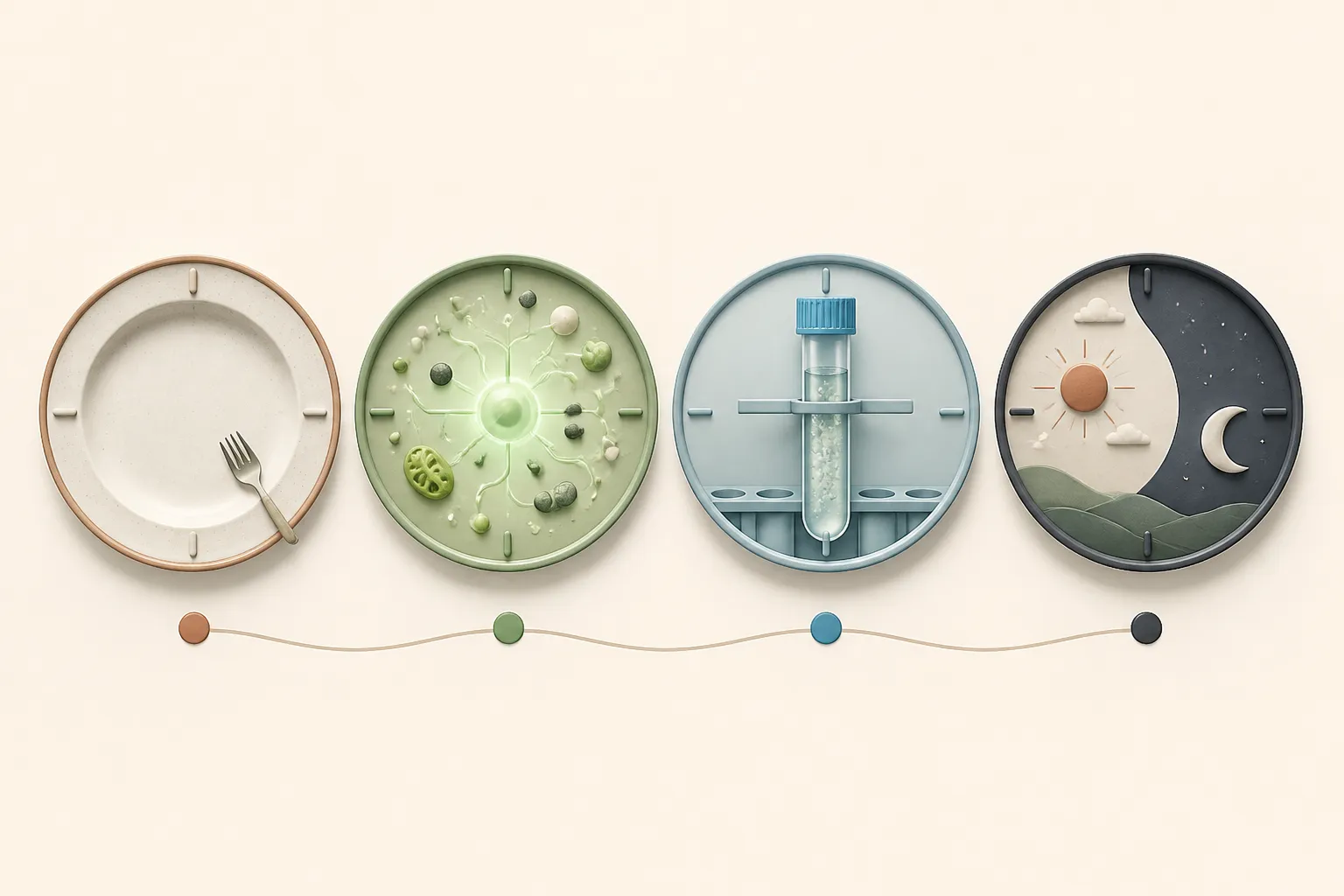 Infográfico mostra quatro relógios visuais representando alimento, metabolismo, exame e ciclo de dia e noite