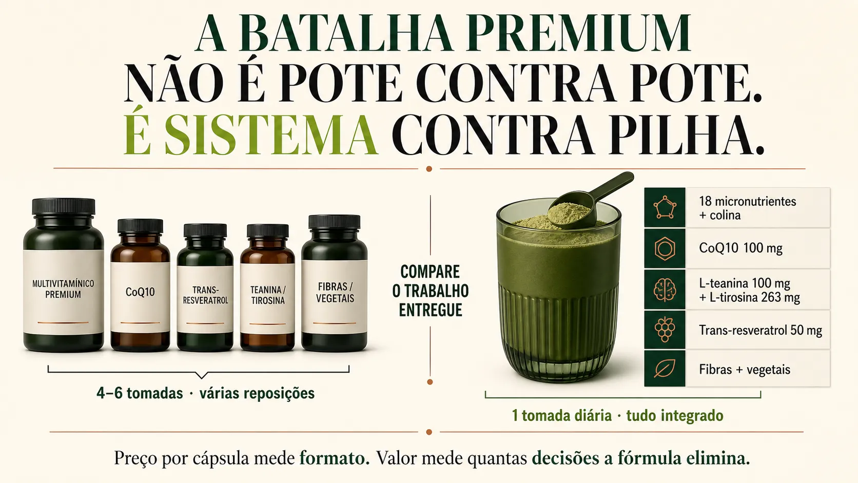 Infográfico editorial compara uma pilha de suplementos premium com uma dose diária integrada
