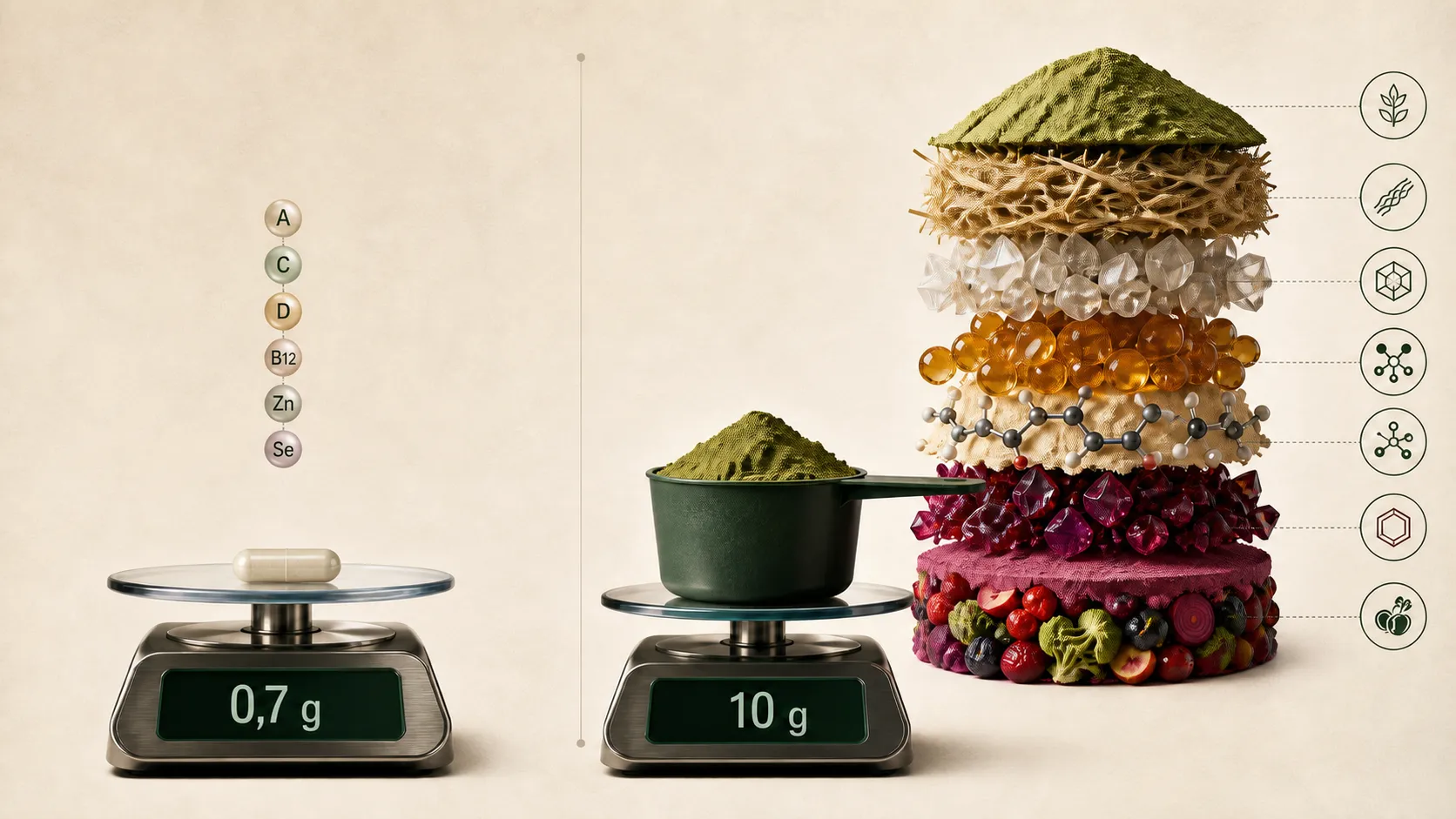 Infográfico compara o orçamento físico de uma cápsula premium de 0,7 g com uma porção em pó de 10 g e suas camadas de ingredientes