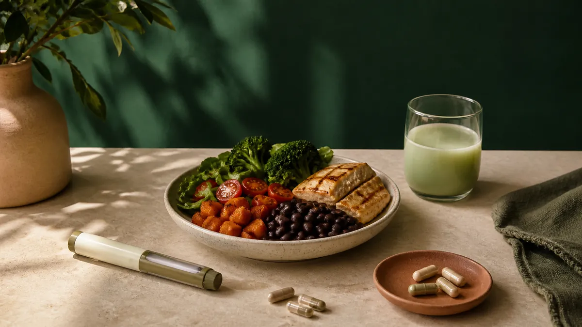 Ilustração de caneta injetável sem marca, prato equilibrado, bebida verde e cápsulas, representando a rotina nutricional