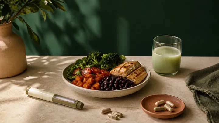 Ilustração de caneta injetável sem marca, prato equilibrado, bebida verde e cápsulas, representando a rotina nutricional