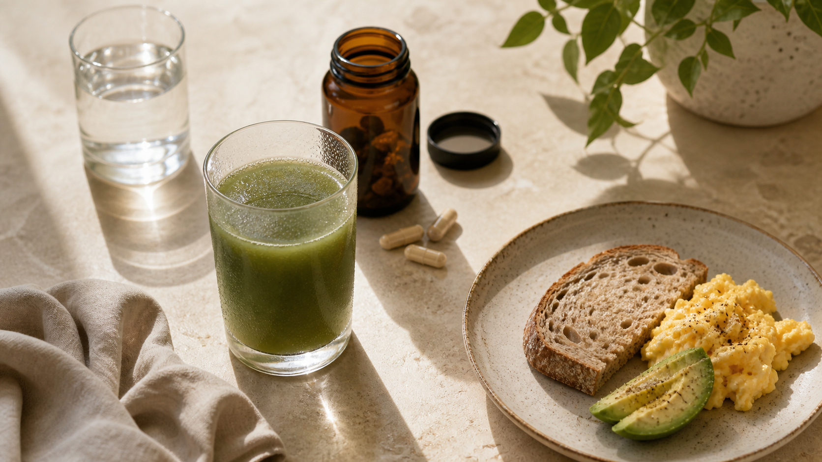 Bebida verde, água, café da manhã e cápsulas sobre a mesa representam a investigação de enjoo após um multivitamínico