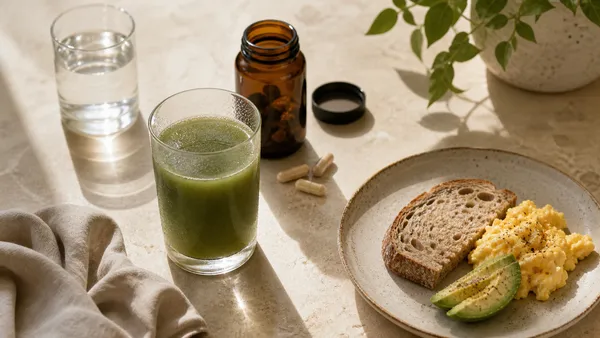 Bebida verde, água, café da manhã e cápsulas sobre a mesa representam a investigação de enjoo após um multivitamínico