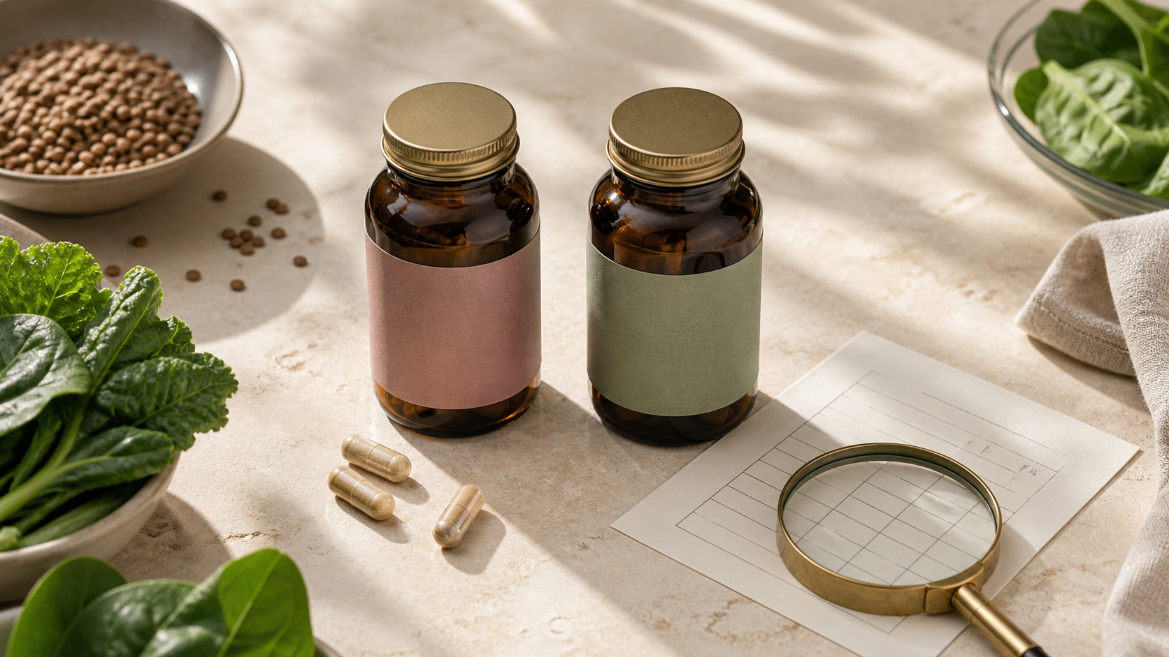 Dois frascos sem marca, lupa e tabela representam a comparação de multivitamínicos femininos além da cor da embalagem