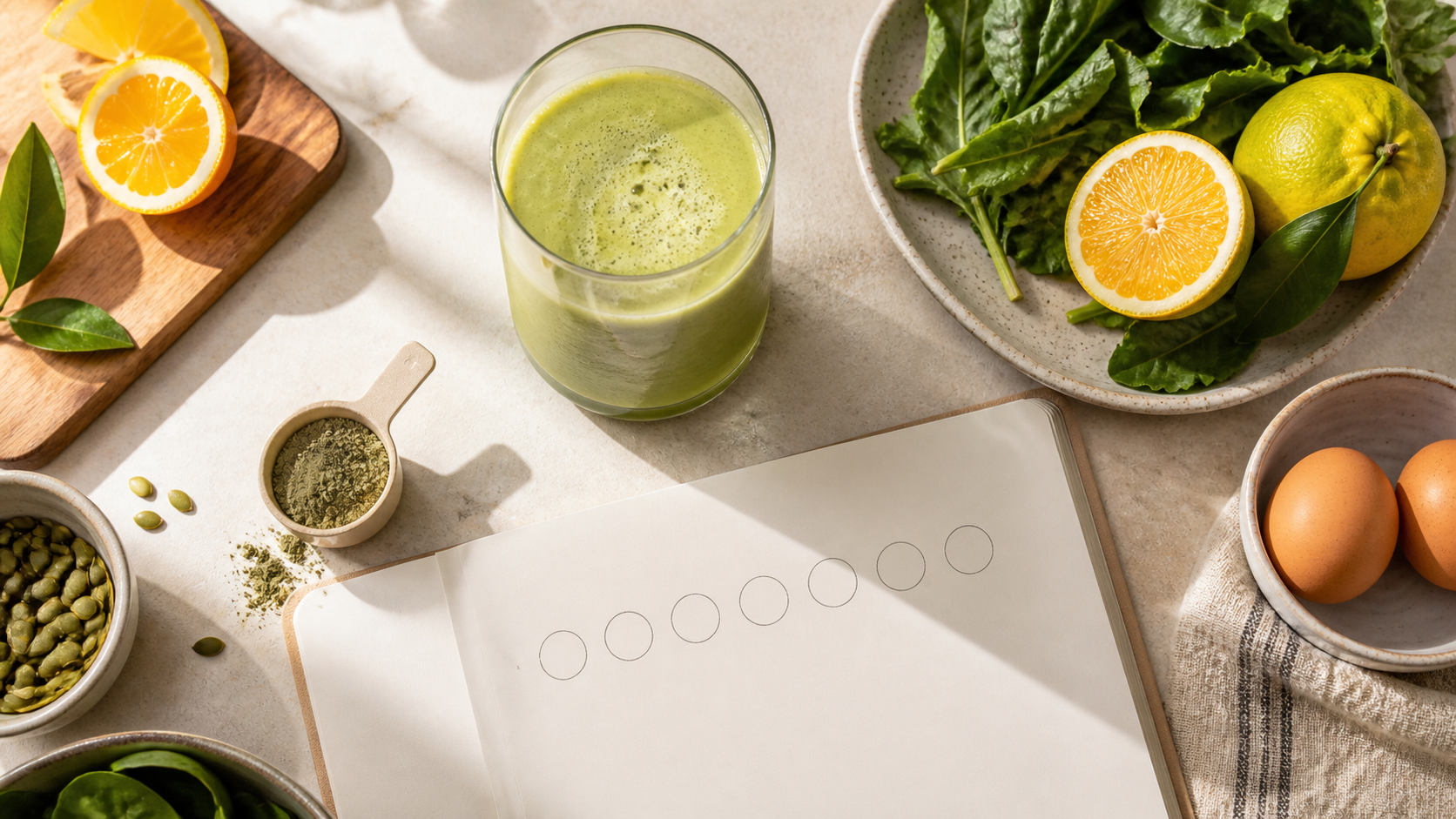 Bebida verde, alimentos e sete círculos em um caderno representam a avaliação de um hábito diário de multivitamínico