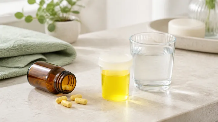 Frasco de vitaminas, copo de água e amostra amarelo-vivo representam a mudança de cor da urina após multivitamínico