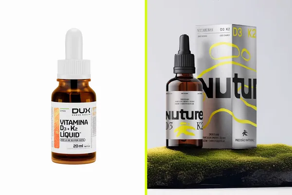 Embalagens oficiais de DUX Vitamina D3+K2 Liquid e Nuture D3+K2 lado a lado