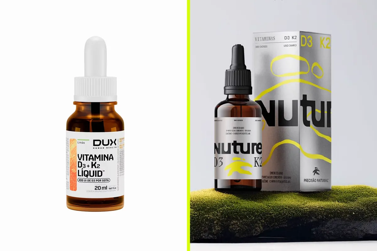 Embalagens oficiais de DUX Vitamina D3+K2 Liquid e Nuture D3+K2 lado a lado