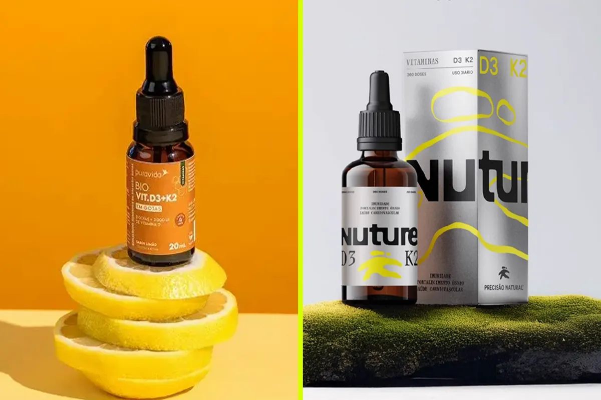 Embalagens oficiais de Puravida Bio Vit D3+K2 e Nuture D3+K2 lado a lado