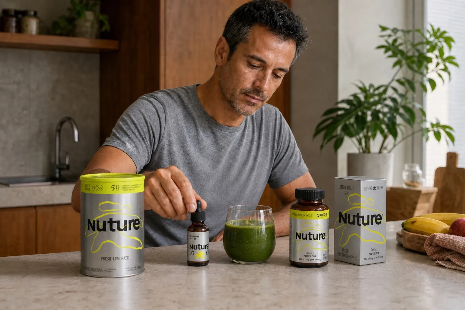 Homem de aproximadamente 40 anos organiza Daily Boost, D3+K2 e Ômega Brain na rotina da manhã