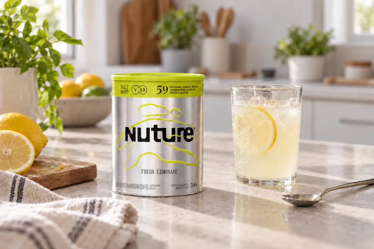 Lata do Daily Boost ao lado de copo de limonada em uma bancada